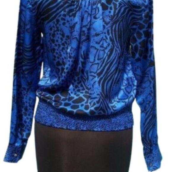 Cache Silk pLeather Shoulders Top New Faux Wrap Shirred Waist Animal NWT $138 - Picture 6 of 7